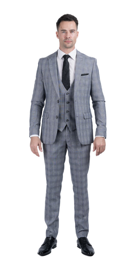 Pele - Check Light Grey Slim Fit 3 Piece Suit
