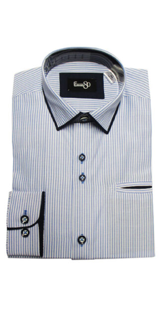 White and Blue University Stripe Boys Shirt with Contrasting French Navy Piping