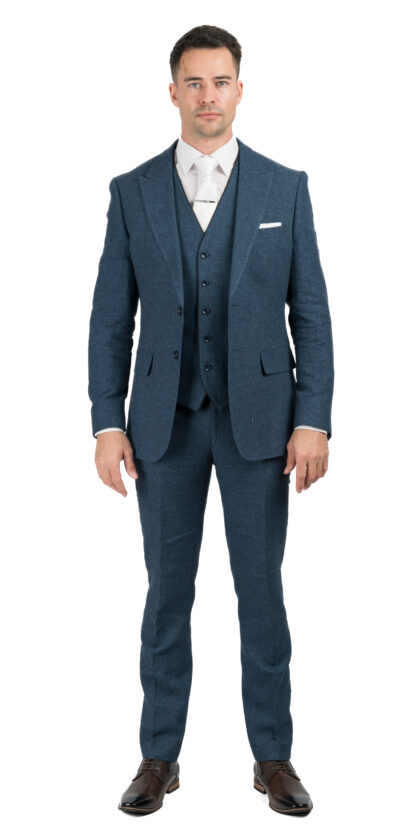 Pogba - Blue Linen 3 Piece Slim Wedding Fit Suit