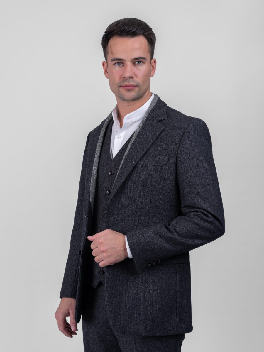 Grey Herringbone Tweed Three-Piece Suit - Image 2